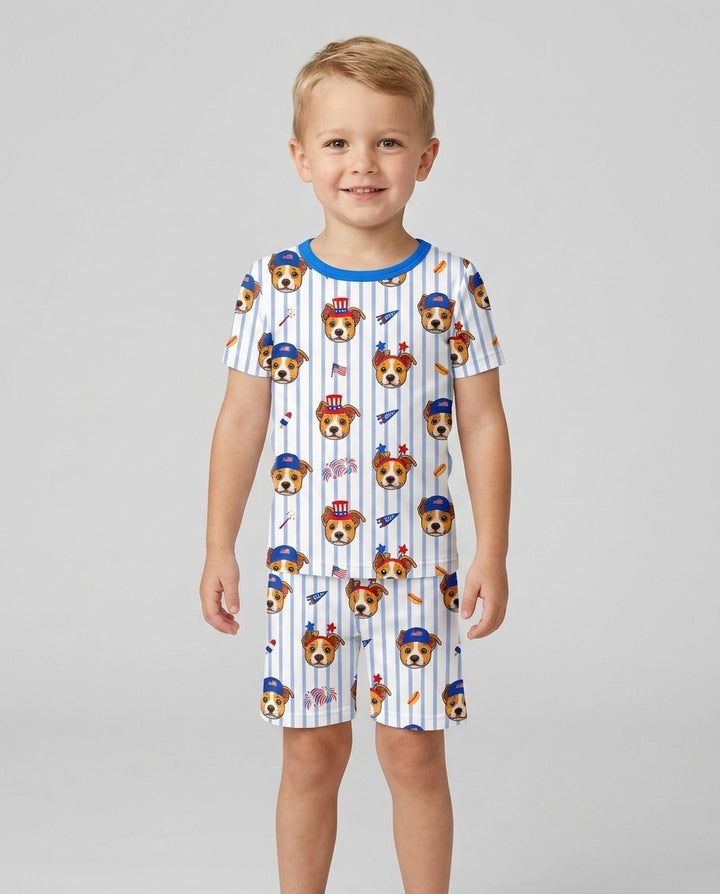 Custom Pet Image 4th of July Family Matching Bamboo Two Piece Short Sleeve Shorts Pajama Set