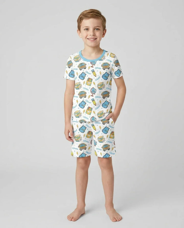 Custom Name Back To School Bamboo Two Piece Short Sleeve Shorts Pajama Set