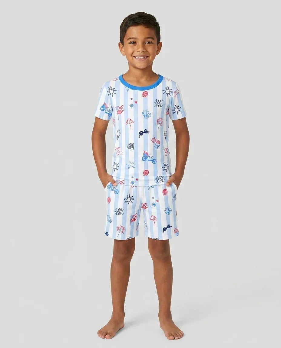 Red, White & Beachy Family Matching Bamboo Two Piece Short Sleeve Shorts Pajama Set