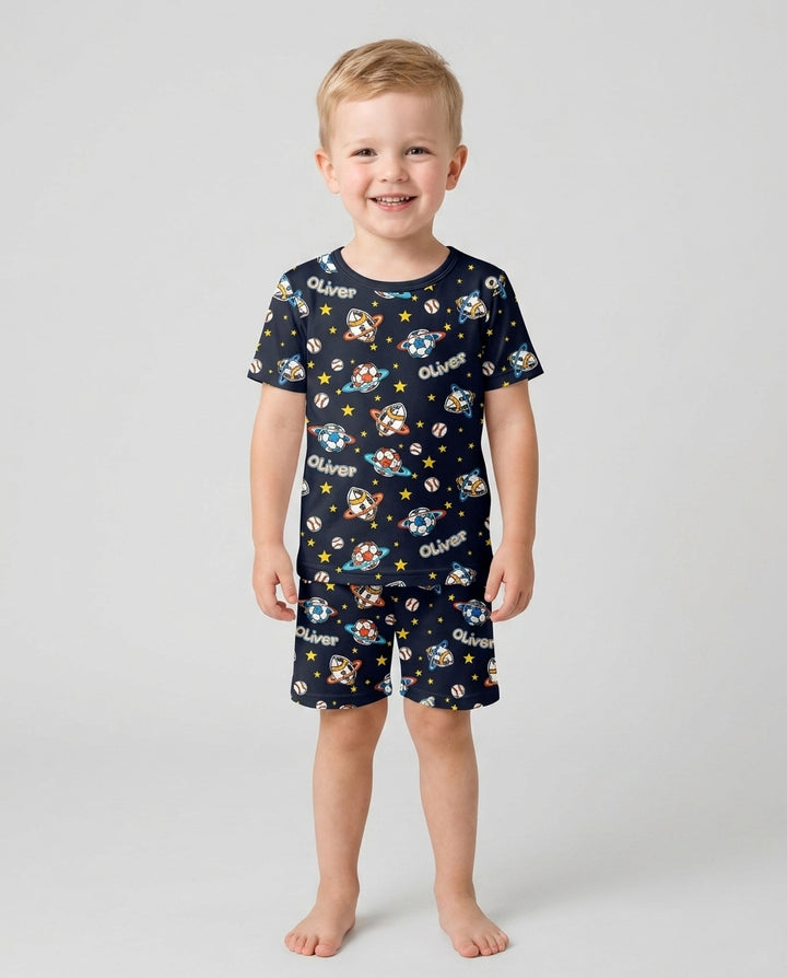 Custom Name Space Sport Bamboo Two Piece Short Sleeve Shorts Pajama Set