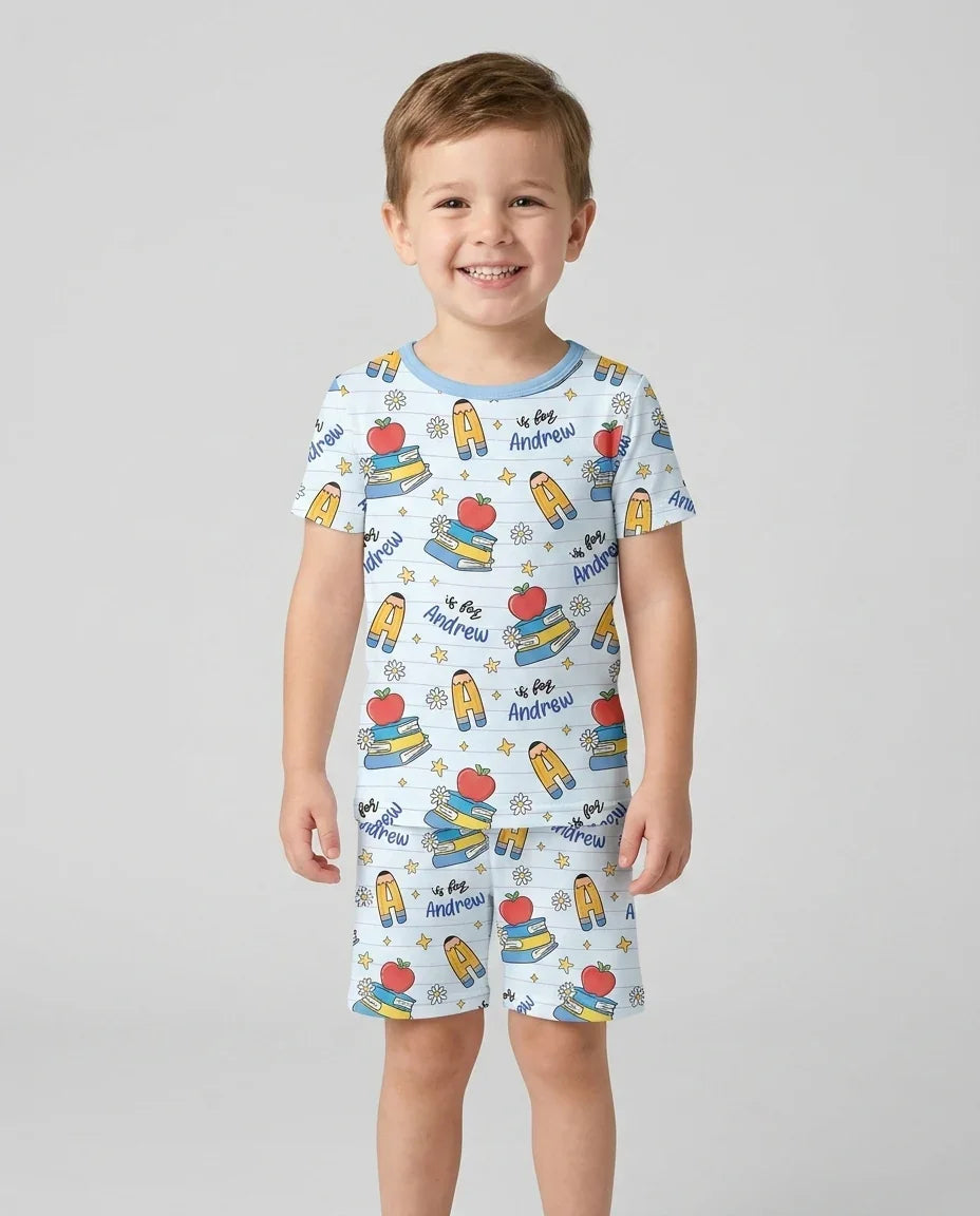 First Day of School Bamboo Two Piece Short Sleeve Shorts Pajama Set