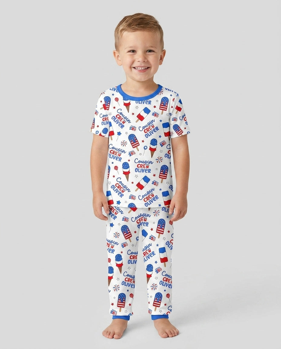Custom Name 4th of July Cousin Crew Bamboo Two Piece Short Sleeve Pajama Set