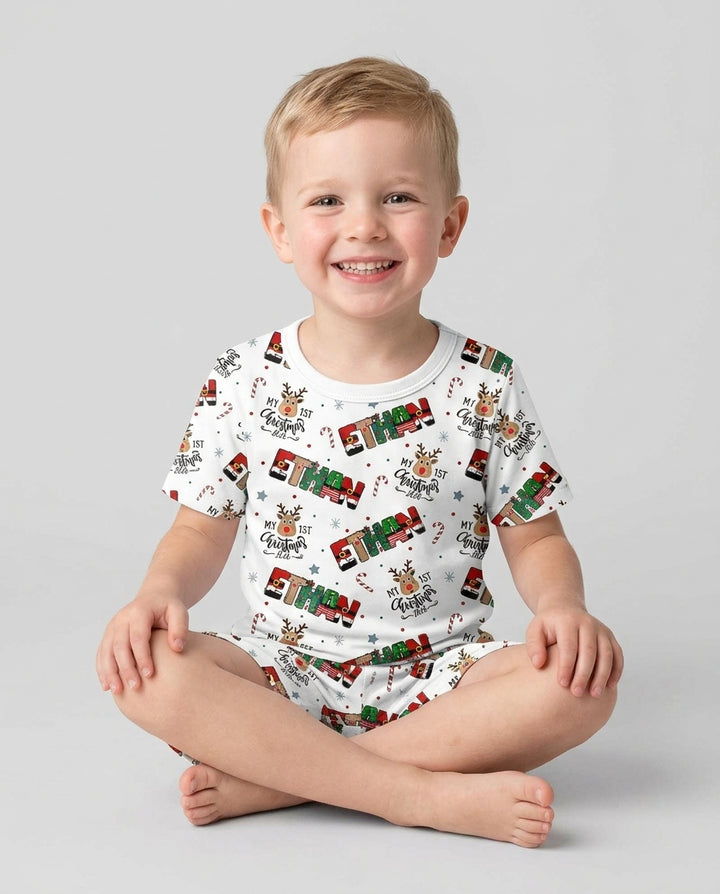 Custom Name My First Christmas 2026 Bamboo Two Piece Short Sleeve Shorts Pajama Set (G)