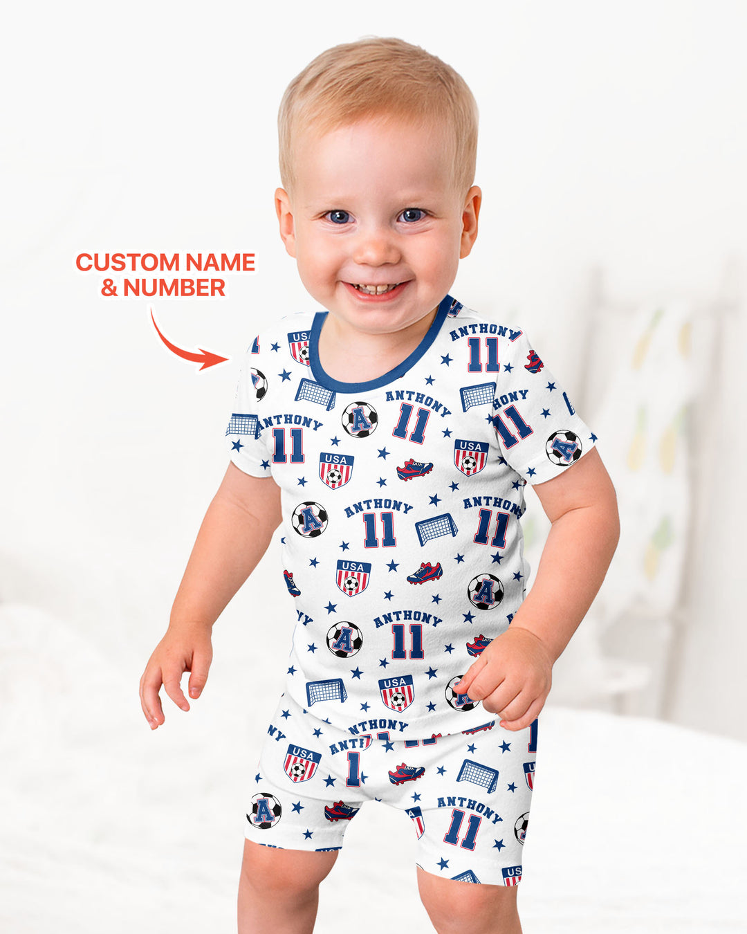 Custom Name Soccer Time Bamboo Two Piece Short Sleeve Shorts Pajama Set