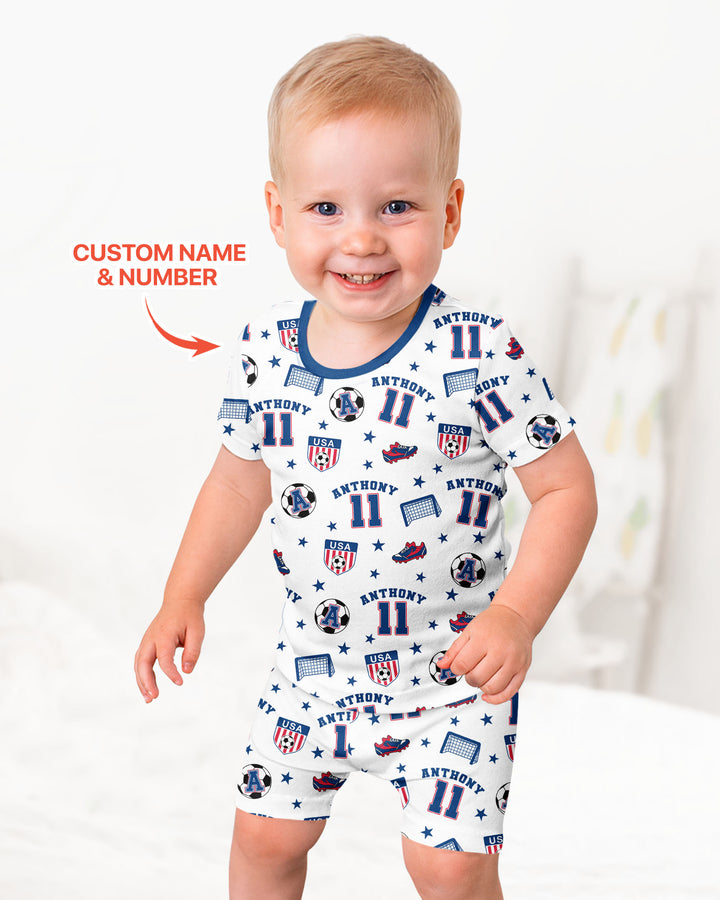 Custom Name Soccer Time Bamboo Two Piece Short Sleeve Shorts Pajama Set