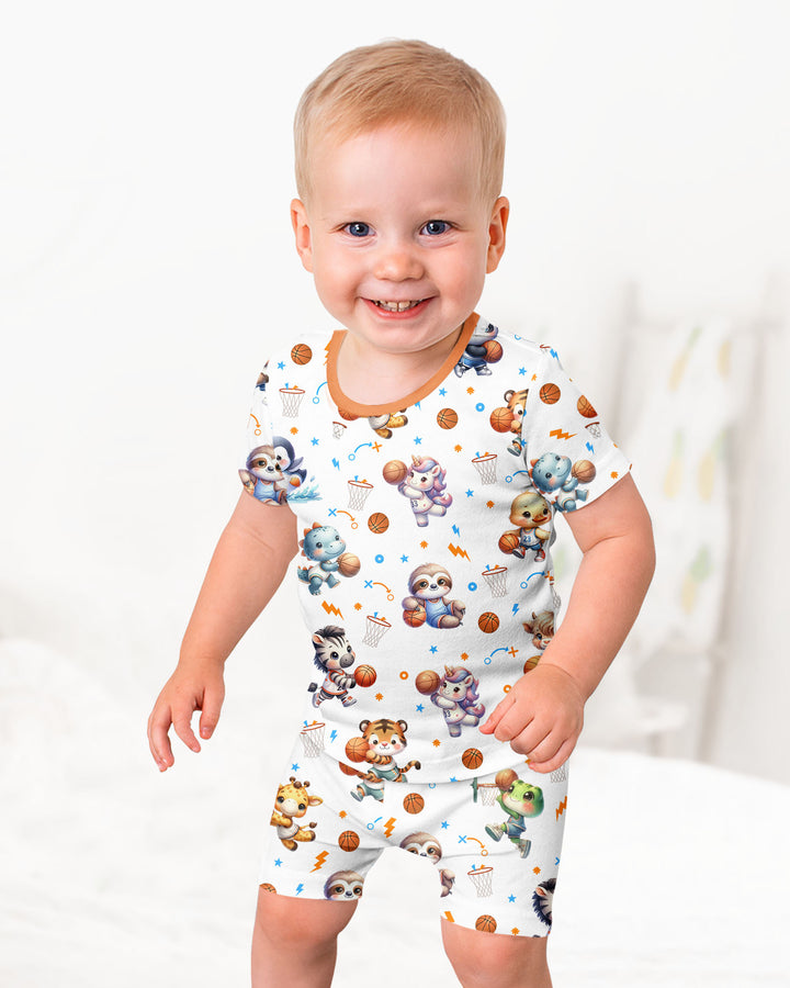 Cartoon Basketball Animals Bamboo Two Piece Short Sleeve Shorts Pajama Set