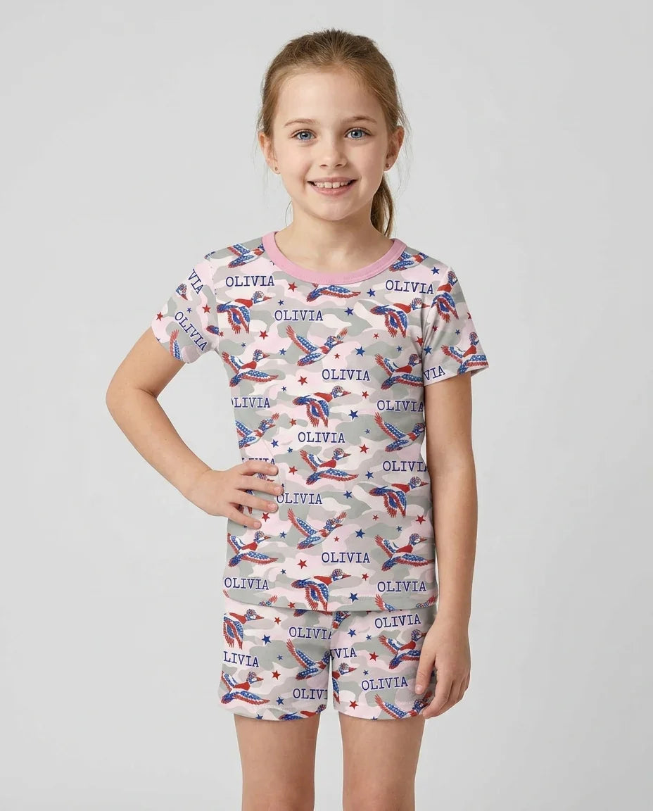 Custom Name America Mallard Duck Family Matching Bamboo Two Piece Short Sleeve Shorts Pajama Set