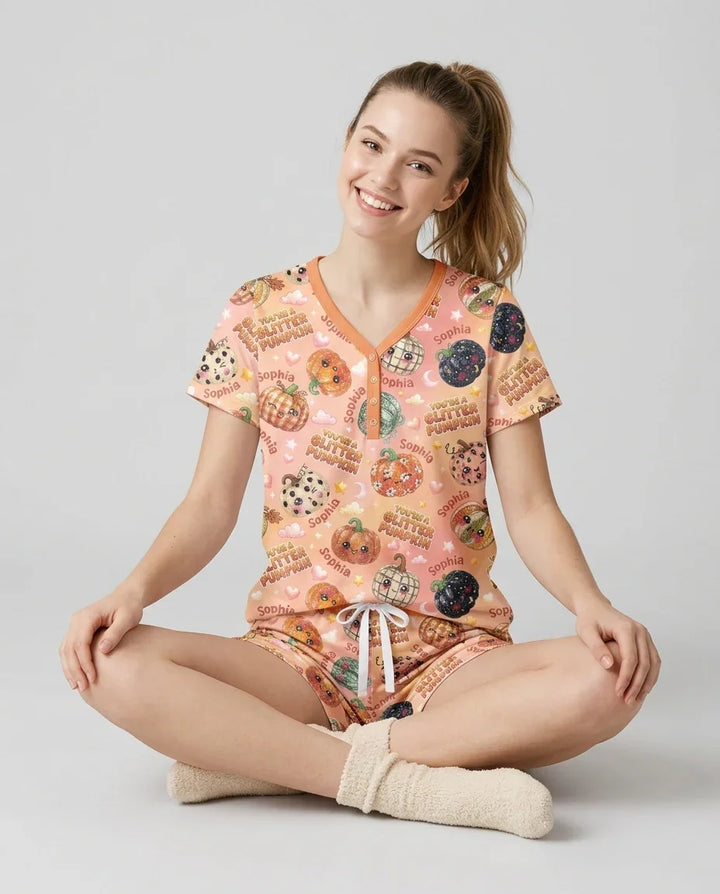 Custom Name You're A Glitter Pumpkin Bamboo Women Short Sleeve Short Pajama Set