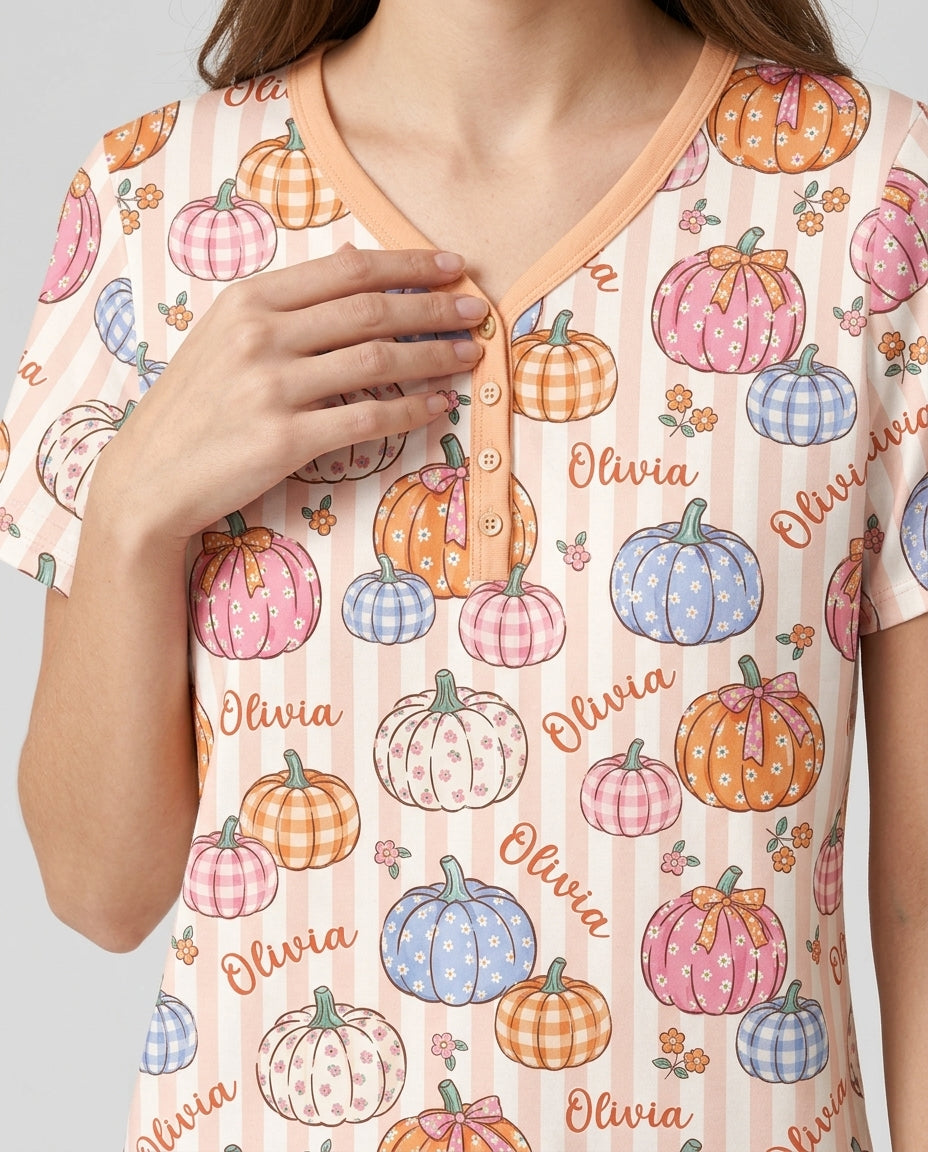 Custom Name Pumpkin Patch Bamboo Women Short Sleeve Short Pajama Set
