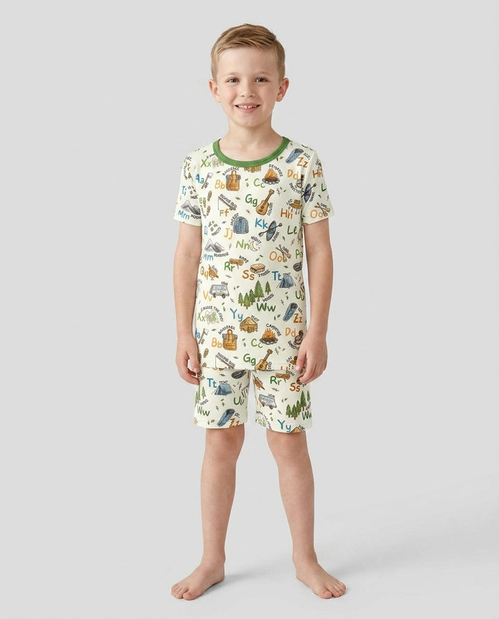 Adventure Alphabet ABCs Summer Camp Bamboo Two Piece Short Sleeve Shorts Pajama Set