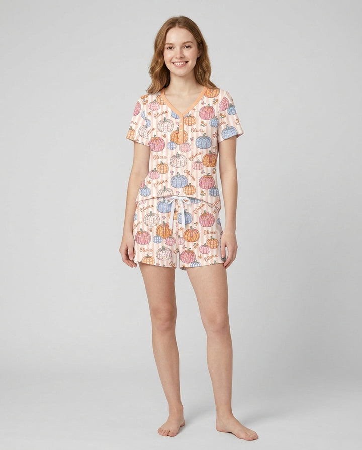 Custom Name Pumpkin Patch Bamboo Women Short Sleeve Short Pajama Set