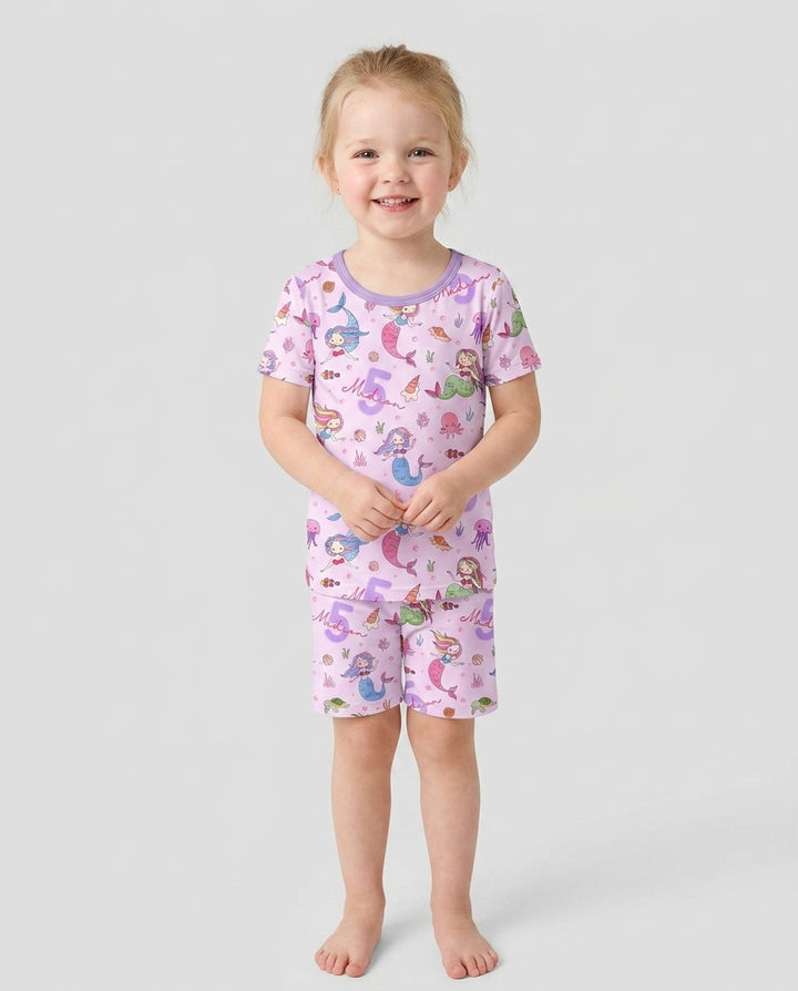 Custom Name Birthday Mermaid Bamboo Two Piece Short Sleeve Shorts Pajama Set