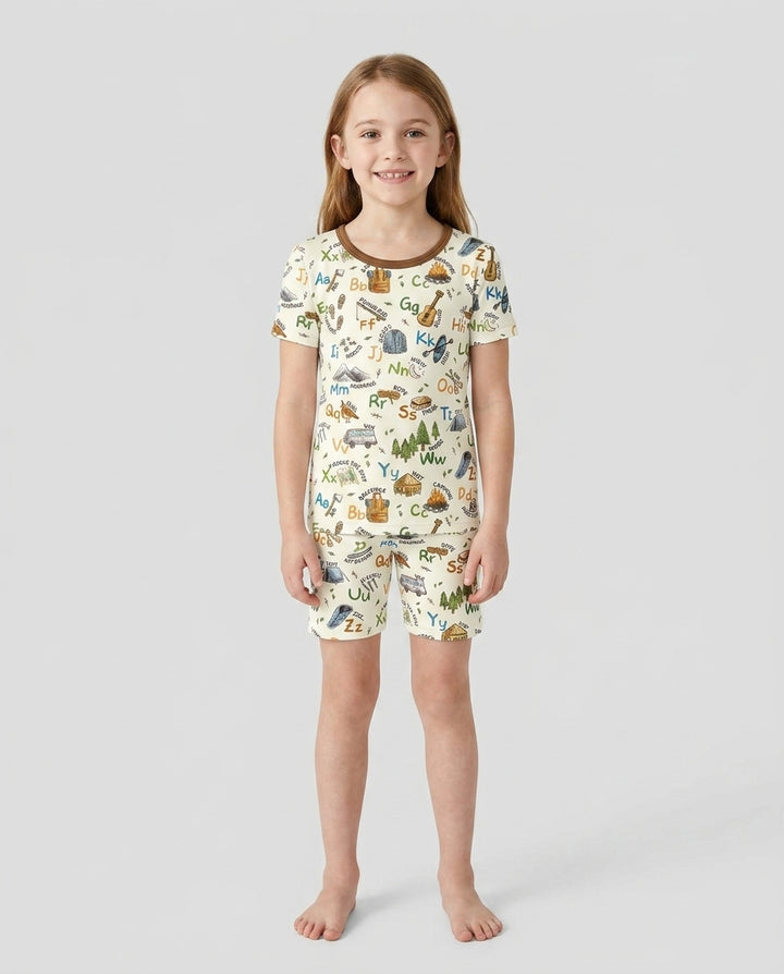Adventure Alphabet ABCs Summer Camp Bamboo Two Piece Short Sleeve Shorts Pajama Set