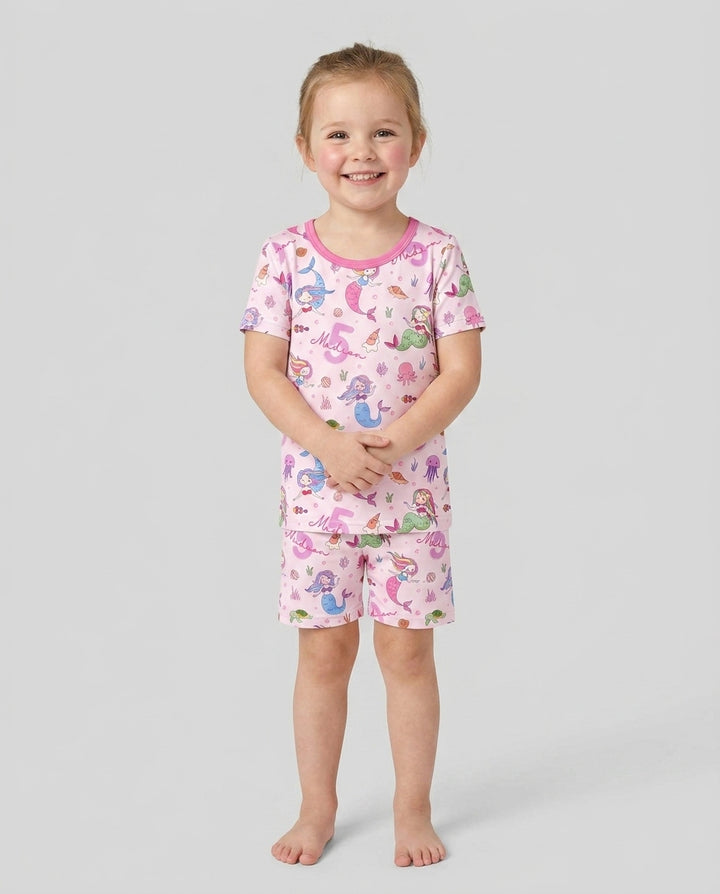 Custom Name Birthday Mermaid Bamboo Two Piece Short Sleeve Shorts Pajama Set
