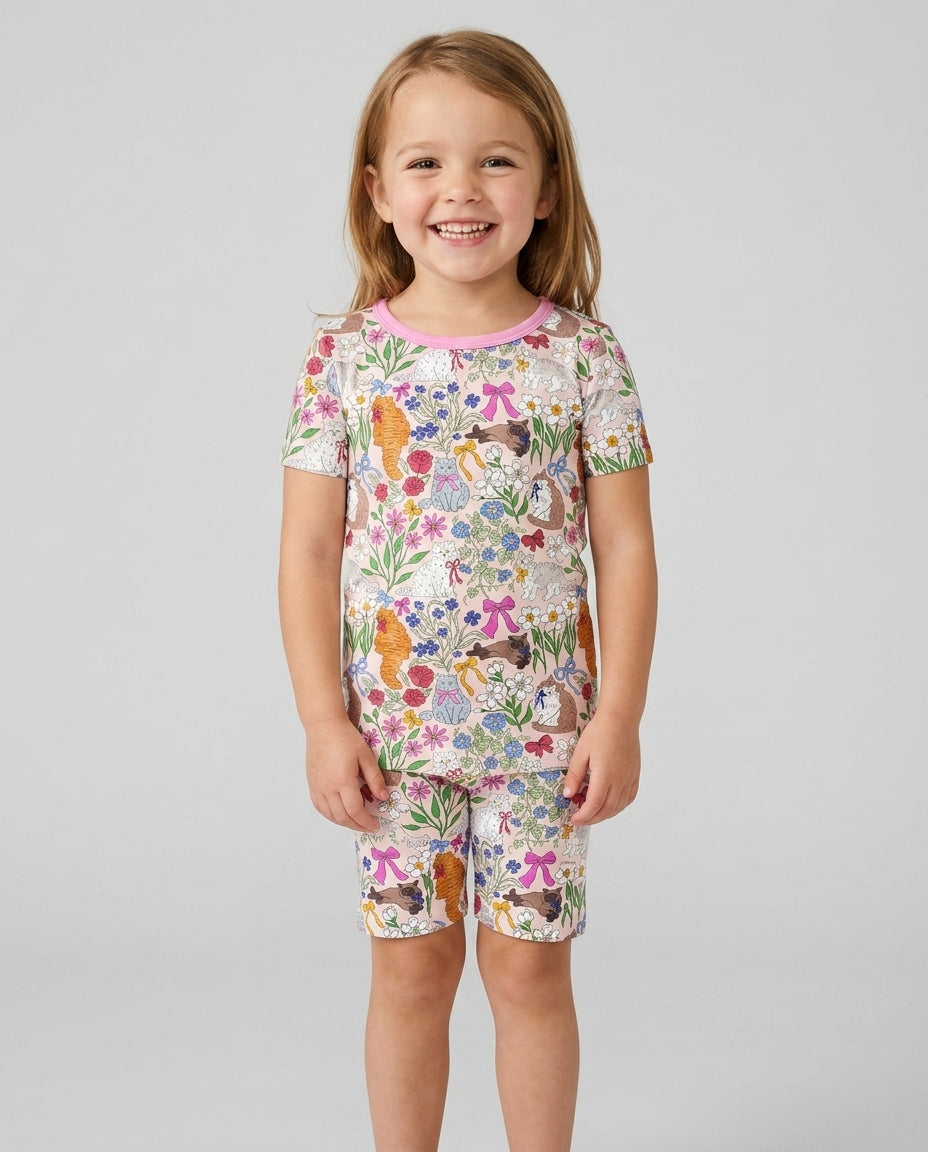 The Garden Cattery Mommy & Me Matching Bamboo Two Piece Short Sleeve Shorts Pajama Set