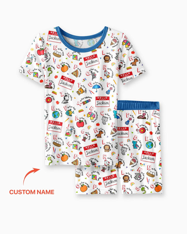 Custom Name Hello School ABCs Bamboo Two Piece Short Sleeve Shorts Pajama Set