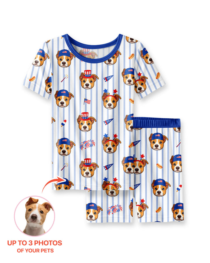 Custom Pet Image 4th of July Family Matching Bamboo Two Piece Short Sleeve Shorts Pajama Set