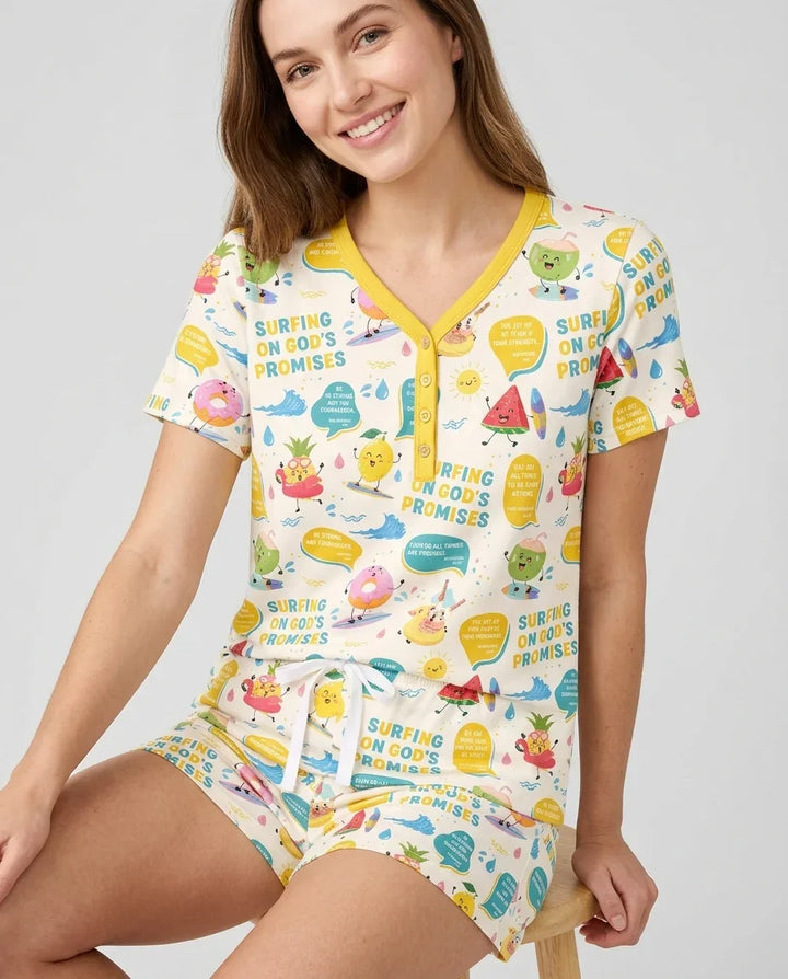 Summer Fruits Surfing On God's Promises Bamboo Women Short Sleeve Short Pajama Set