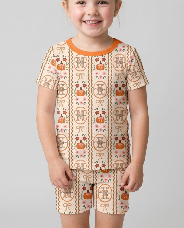 Custom Name Pumpkin Cottage Bamboo Two Piece Short Sleeve Shorts Pajama Set