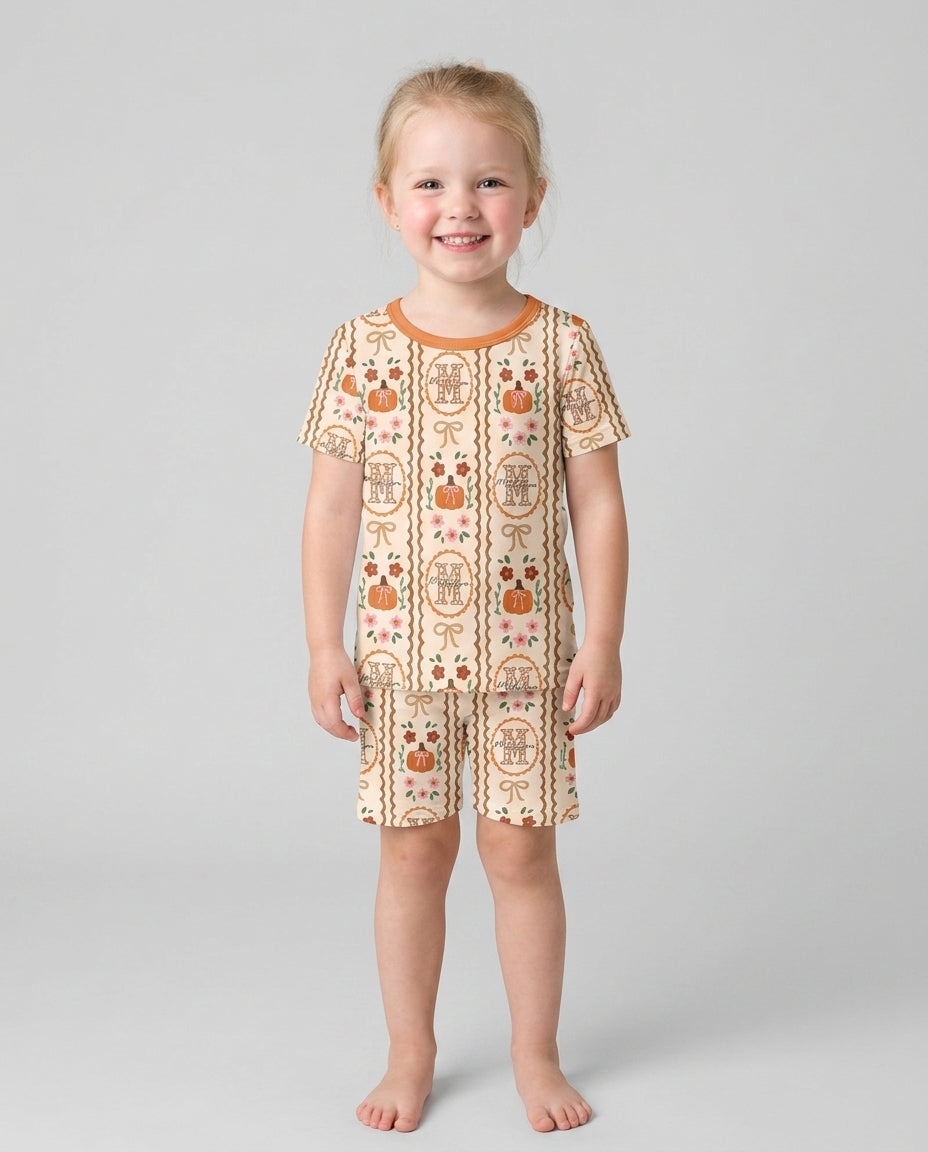 Custom Name Pumpkin Cottage Bamboo Two Piece Short Sleeve Shorts Pajama Set