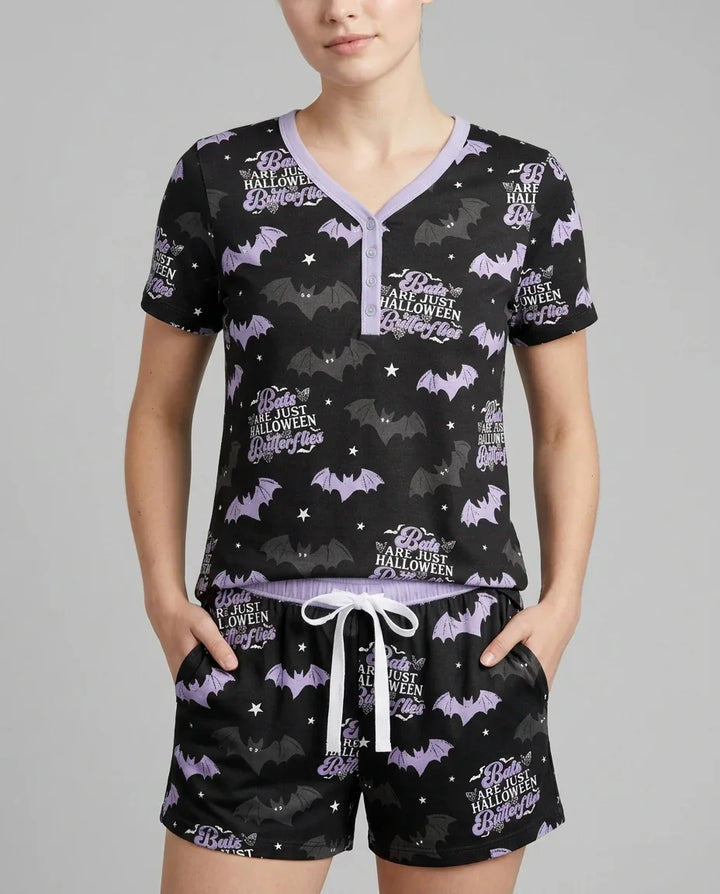 Halloween Butterflies Bamboo Women Short Sleeve Short Pajama Set