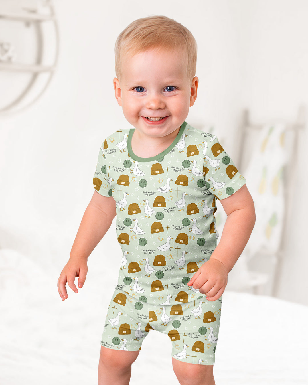 Jesus Loves You Silly Goose Bamboo Two Piece Short Sleeve Shorts Pajama Set