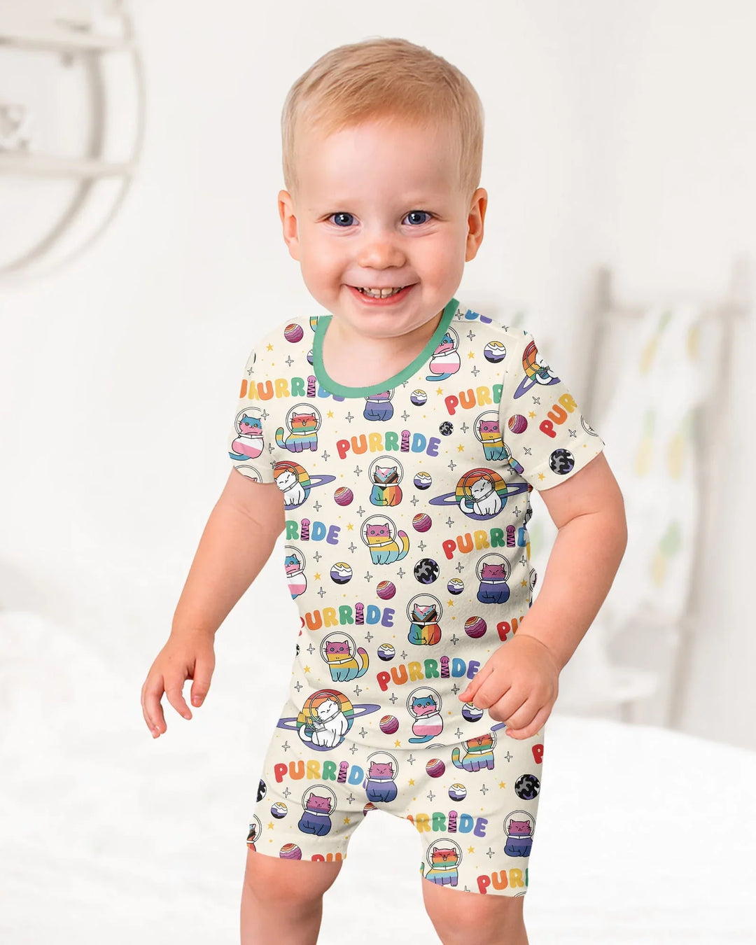 Rainbow Space Cats Family Matching Bamboo Two Piece Short Sleeve Shorts Pajama Set