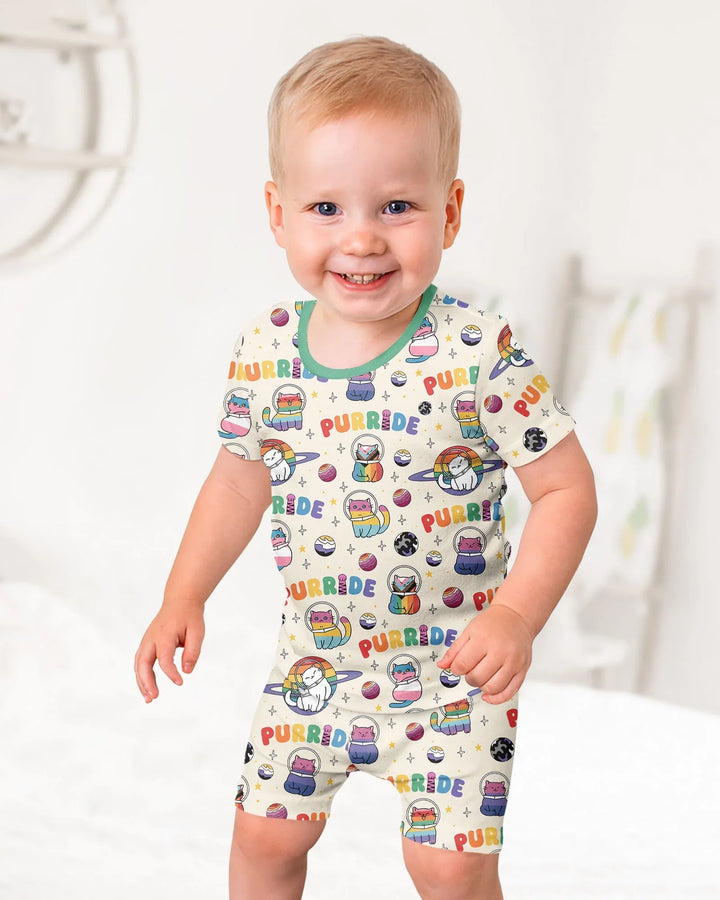 Rainbow Space Cats Family Matching Bamboo Two Piece Short Sleeve Shorts Pajama Set