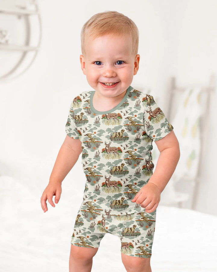 Vintage Hunting Season Daddy& Me Matching Bamboo Two Piece Short Sleeve Shorts Pajama Set