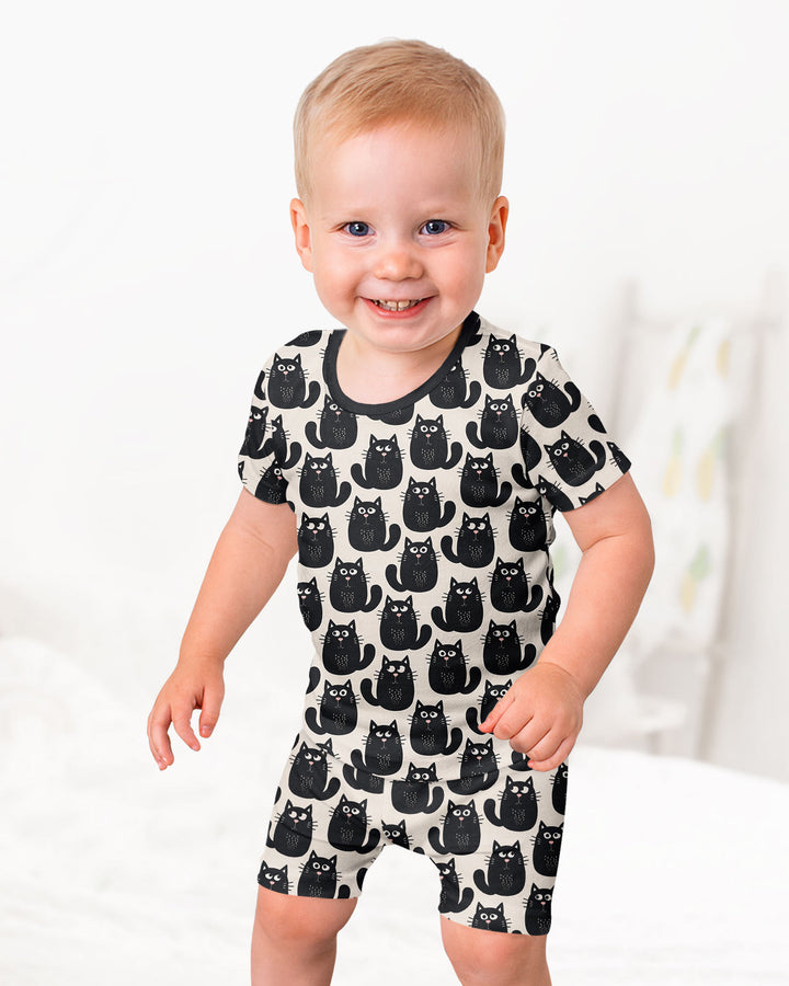 Moody Black Cats in Black and White Bamboo Two Piece Short Sleeve Shorts Pajama Set