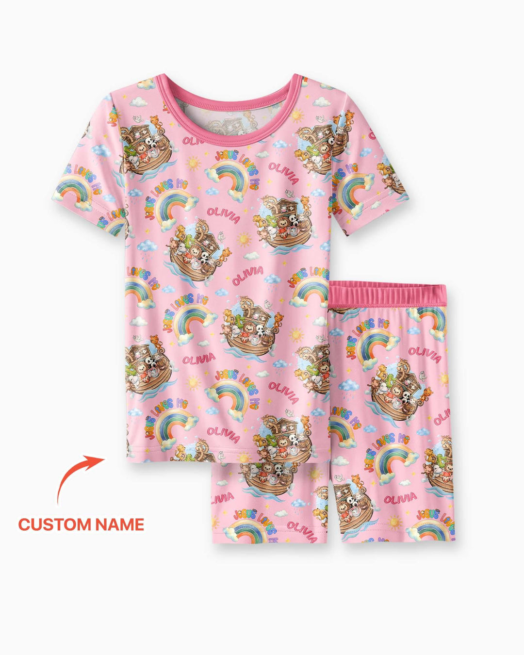 Custom Name Jesus Loves Me Noah's Ark Bamboo Two Piece Short Sleeve Shorts Pajama Set