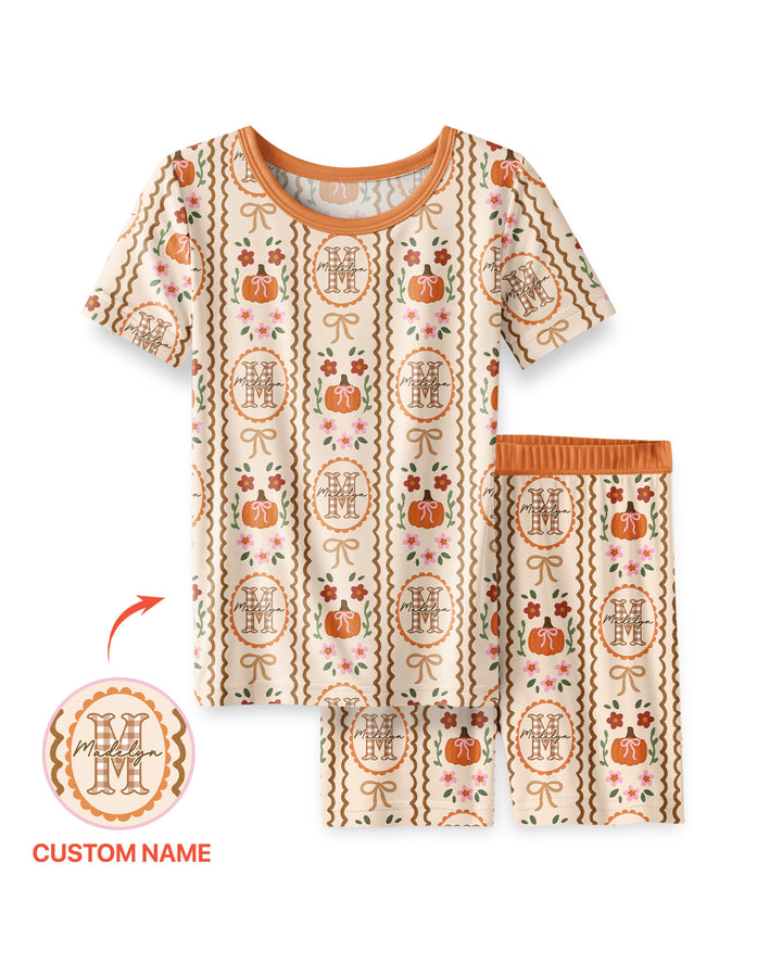 Custom Name Pumpkin Cottage Bamboo Two Piece Short Sleeve Shorts Pajama Set