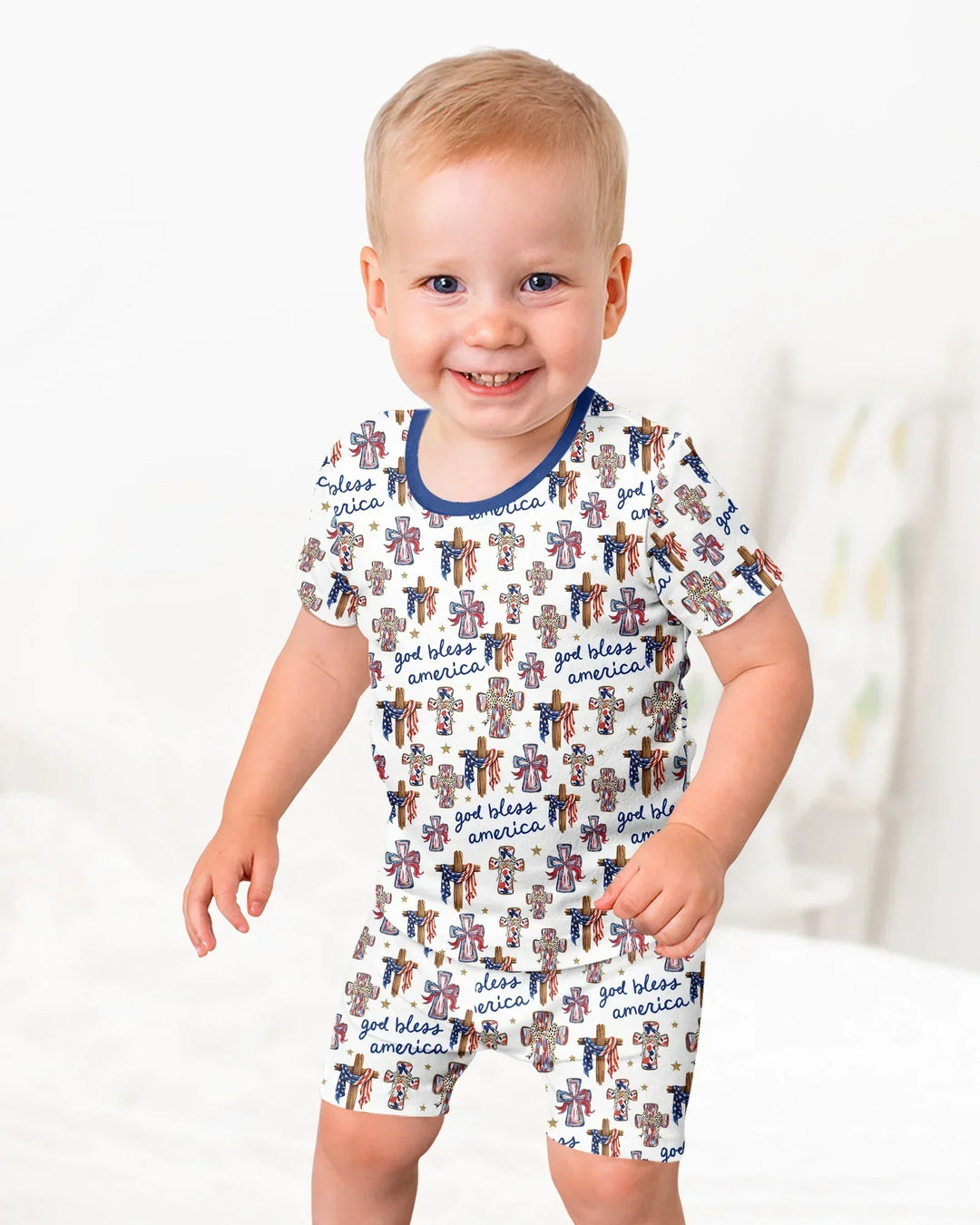 God Bless America Family Matching Bamboo Two Piece Short Sleeve Shorts Pajama Set