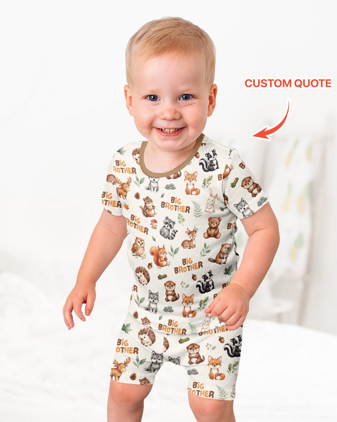 Custom Quote Woodland Animal Matching Sibling Bamboo Two Piece Short Sleeve Shorts Pajama Set