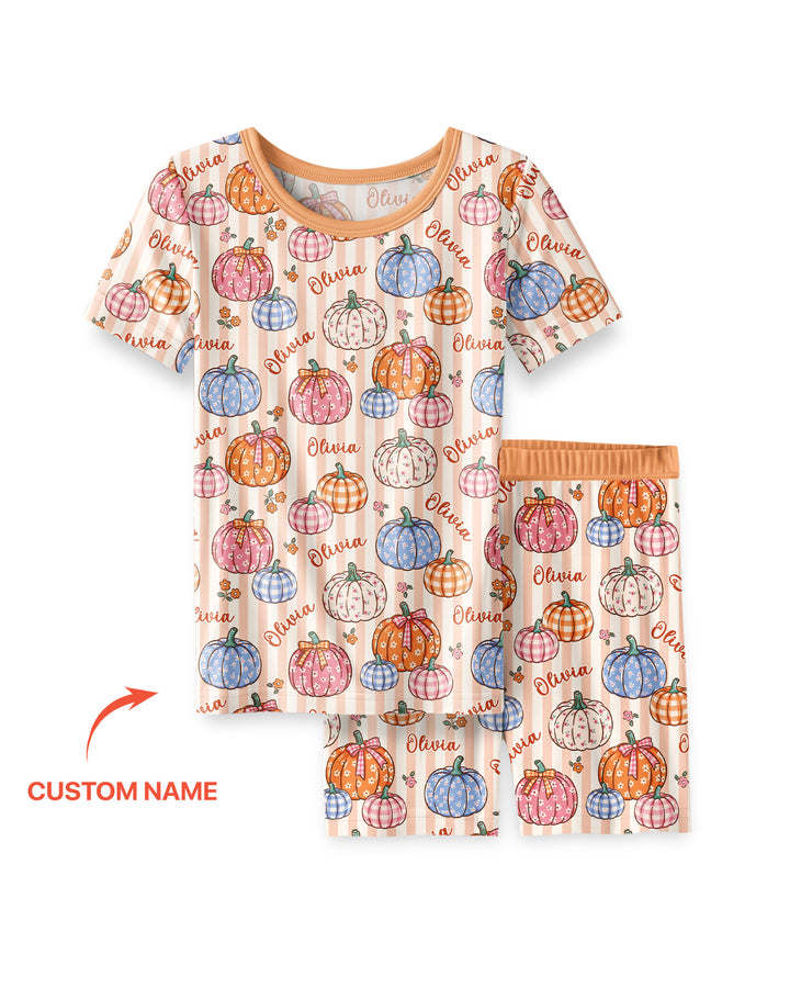 Custom Name Pumpkin Patch Bamboo Two Piece Short Sleeve Shorts Pajama Set
