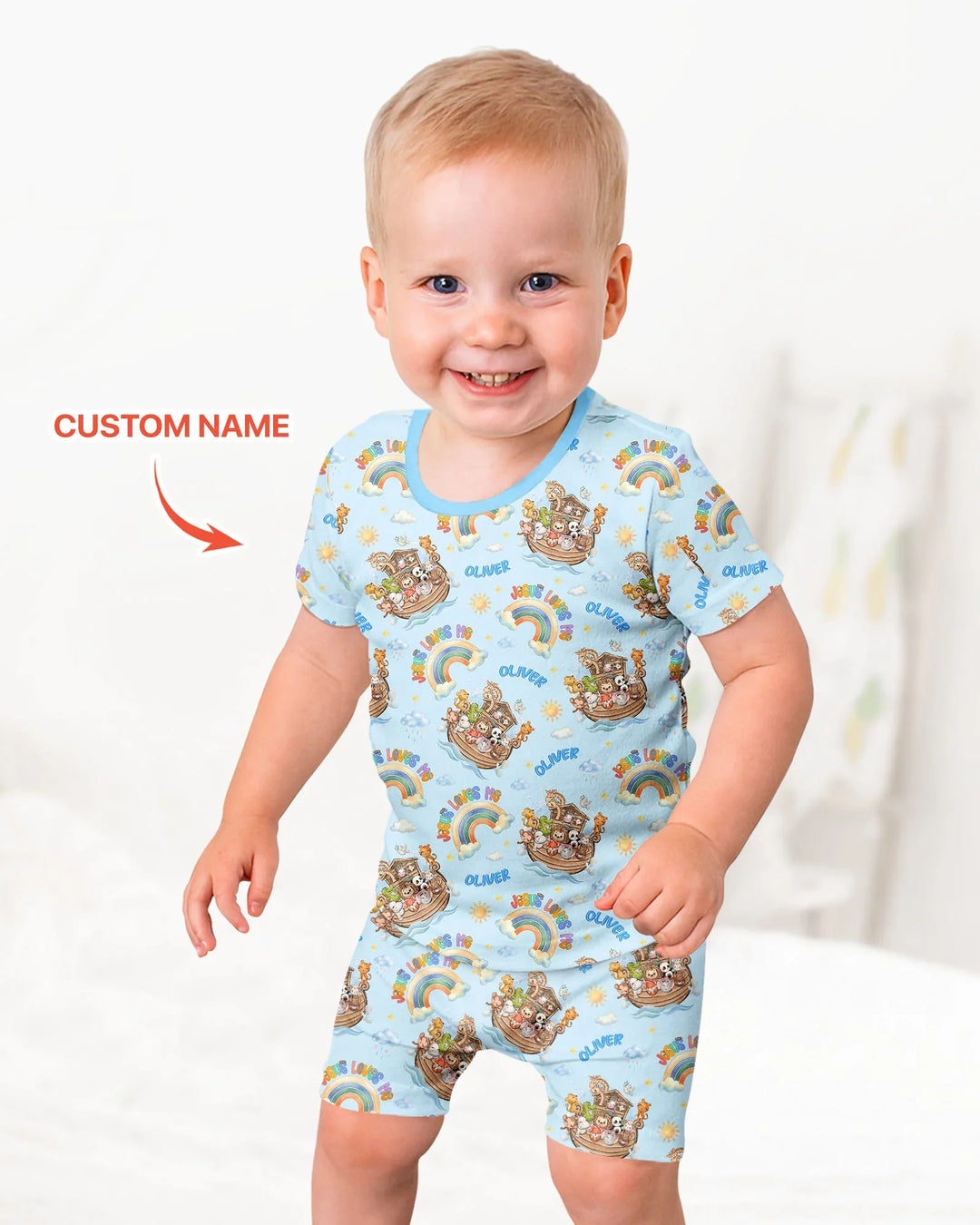 Custom Name Jesus Loves Me Noah's Ark Bamboo Two Piece Short Sleeve Shorts Pajama Set