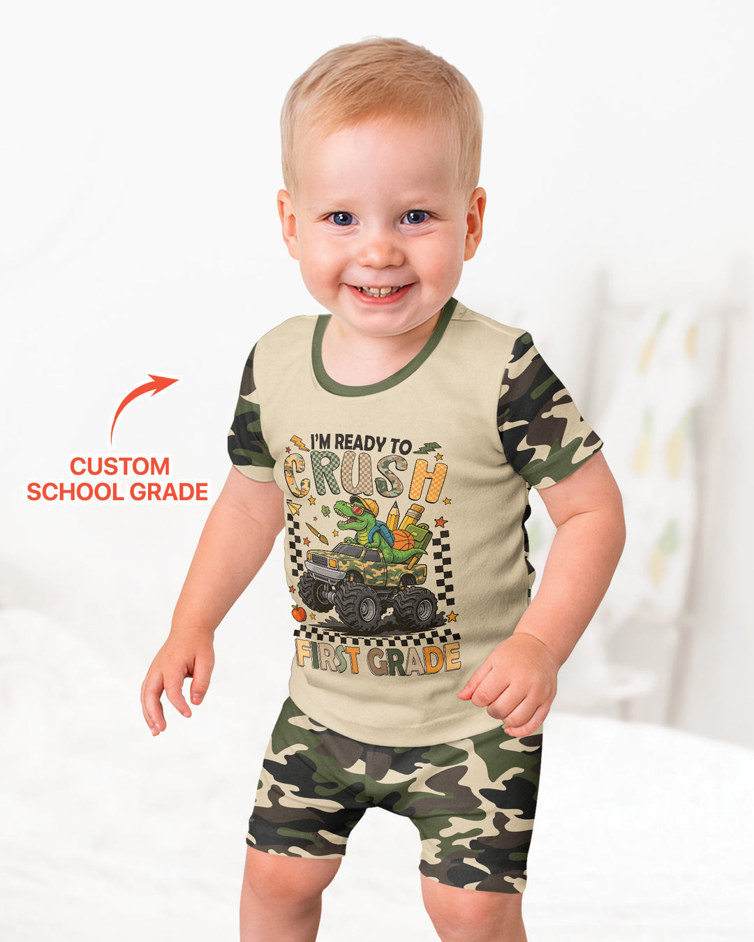 Back To School Monster Truck Dino Bamboo Two Piece Short Sleeve Shorts Pajama Set