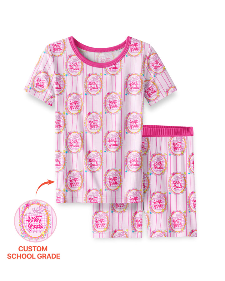 Custom Grade School Sweetie Bamboo Two Piece Short Sleeve Shorts Pajama Set