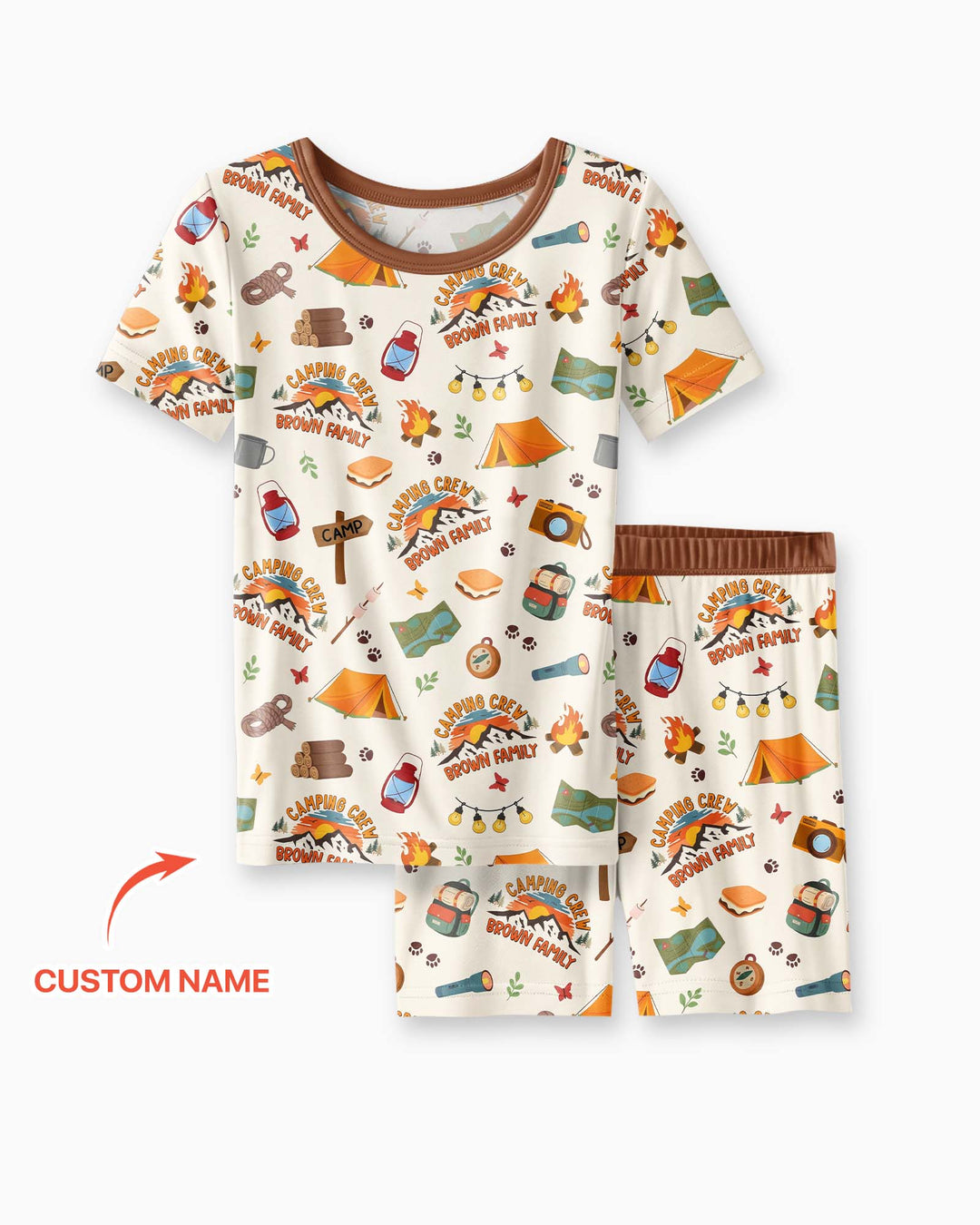 Custom Name Camping Crew Family Matching Bamboo Two Piece Short Sleeve Shorts Pajama Set