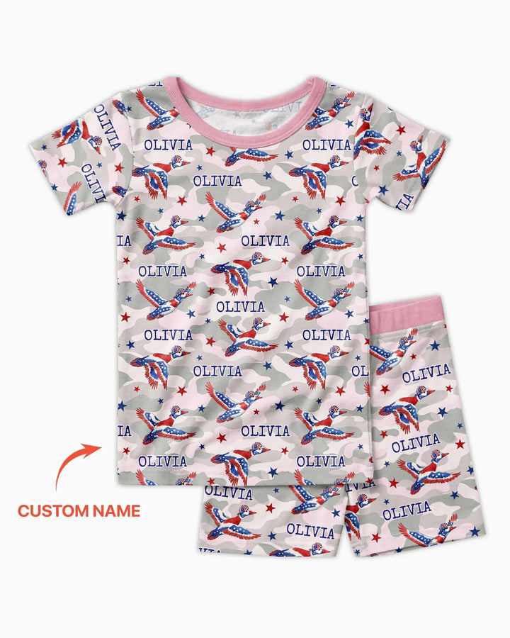 Custom Name America Mallard Duck Family Matching Bamboo Two Piece Short Sleeve Shorts Pajama Set
