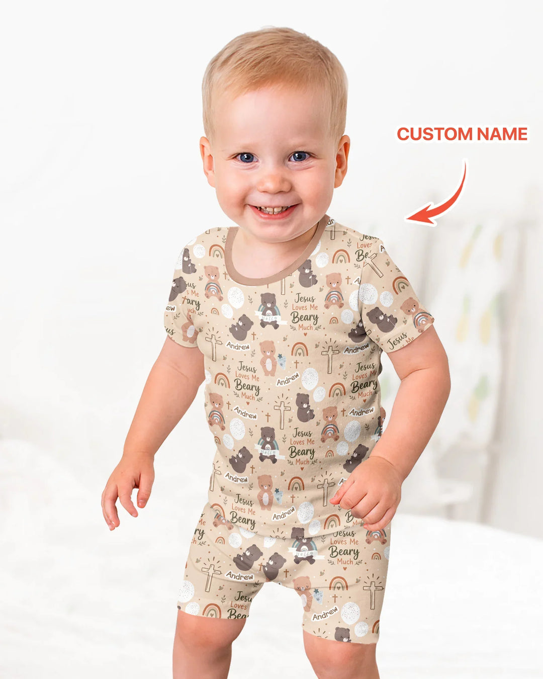 Custom Name Jesus Loves Me Beary Much Bamboo Two Piece Short Sleeve Shorts Pajama Set