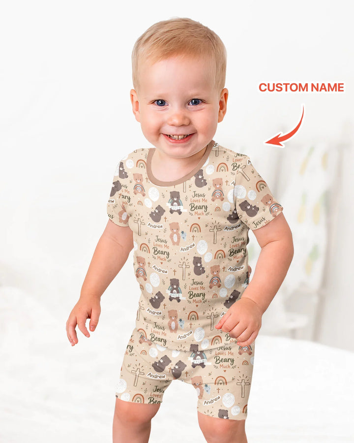 Custom Name Jesus Loves Me Beary Much Bamboo Two Piece Short Sleeve Shorts Pajama Set