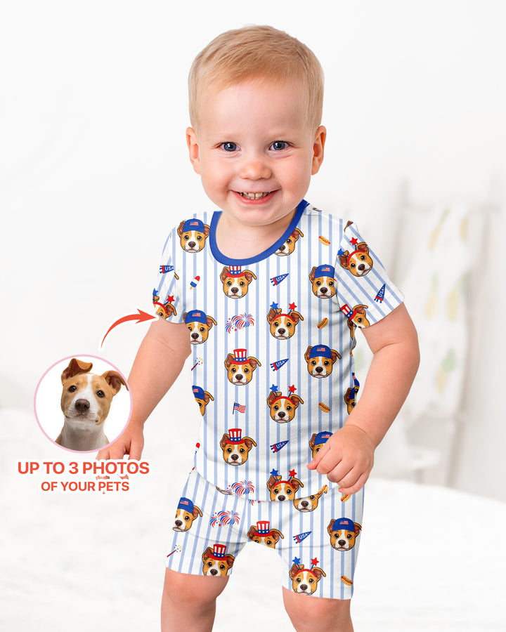 Custom Pet Image 4th of July Family Matching Bamboo Two Piece Short Sleeve Shorts Pajama Set