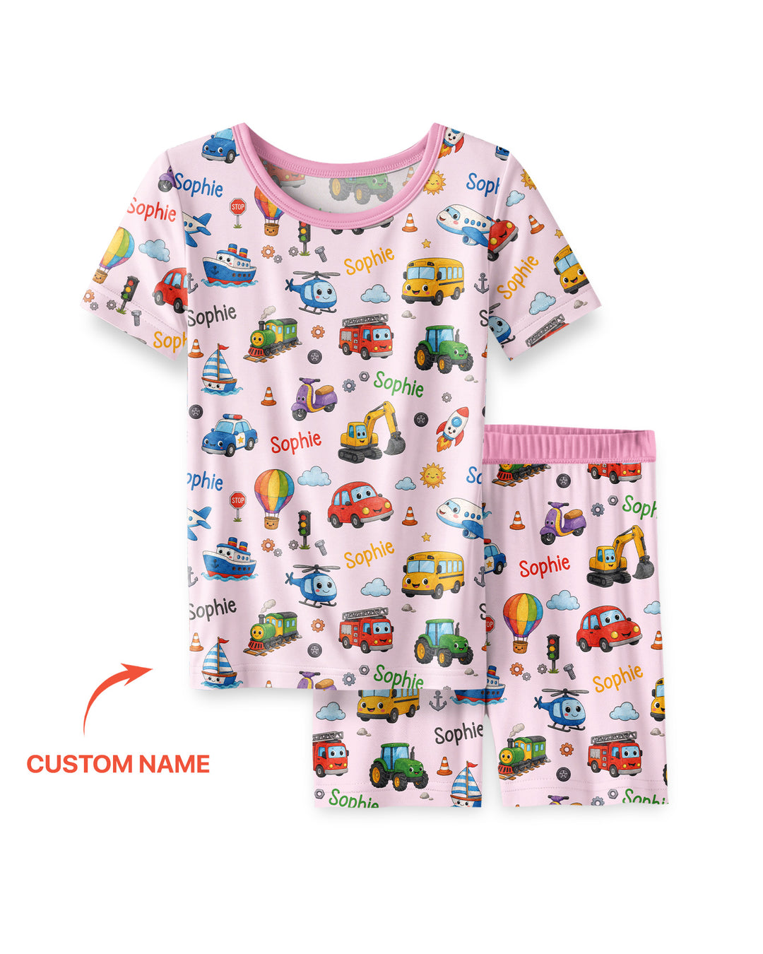 Custom Name Cute Transport Bamboo Two Piece Short Sleeve Shorts Pajama Set