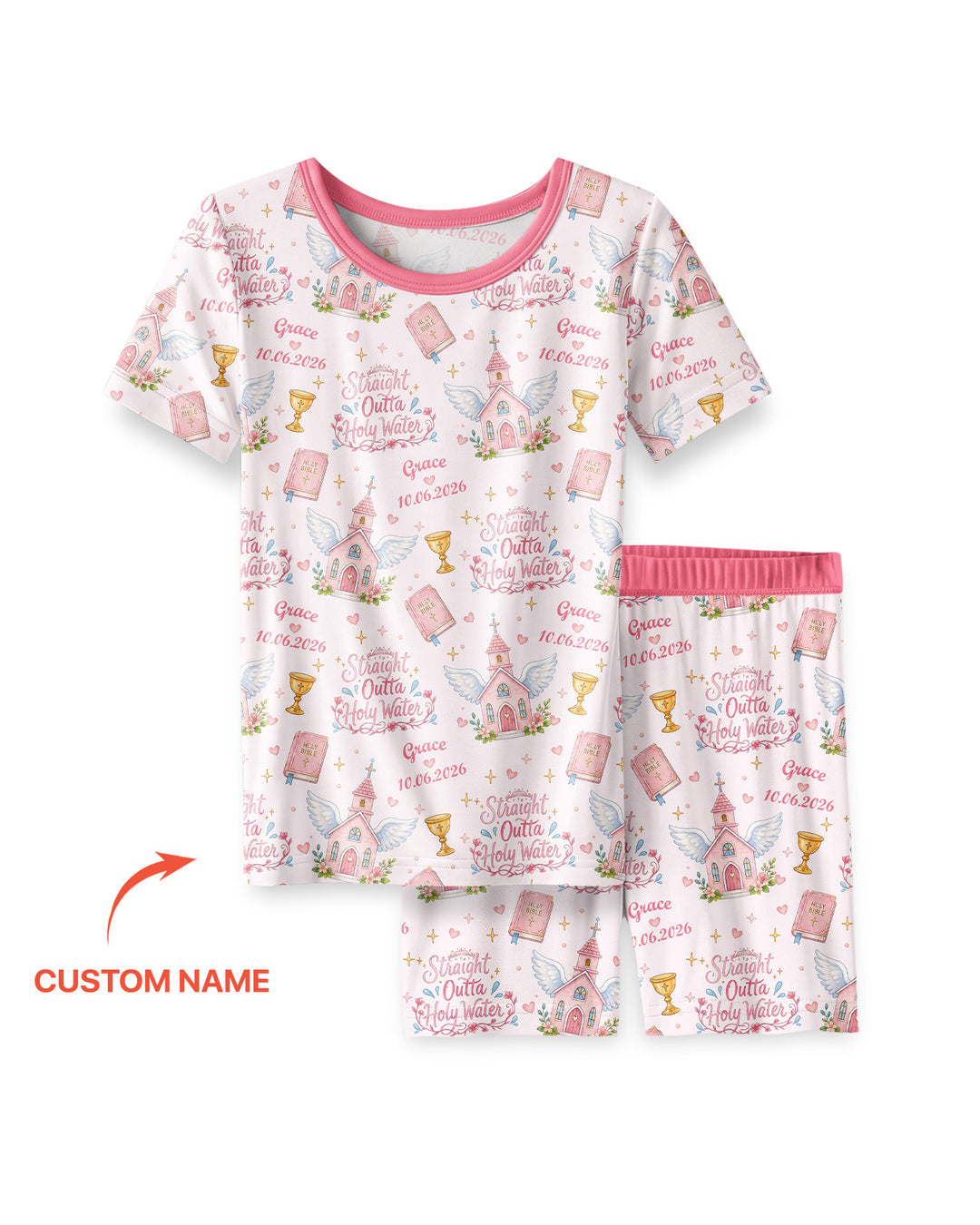 Custom Name Baptism Christening Straight Outta Holy Water Bamboo Two Piece Short Sleeve Shorts Pajama Set
