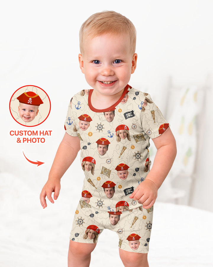 Custom Photo Treasure Map Adventures Family Matching Bamboo Two Piece Short Sleeve Shorts Pajama Set