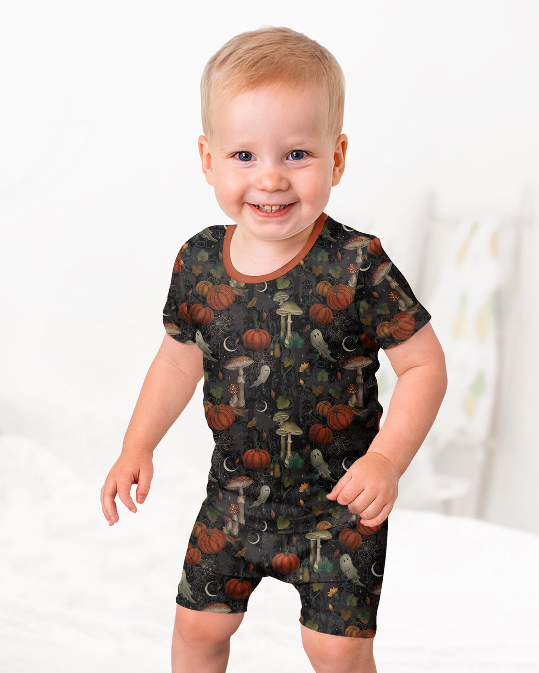 Spooky Cute Ghost Pumpkin Mushroom Halloween Bamboo Two Piece Short Sleeve Shorts Pajama Set