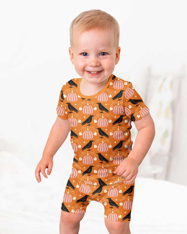 Ravens in a Pumpkin Patch - Orange Pink Bamboo Two Piece Short Sleeve Shorts Pajama Set