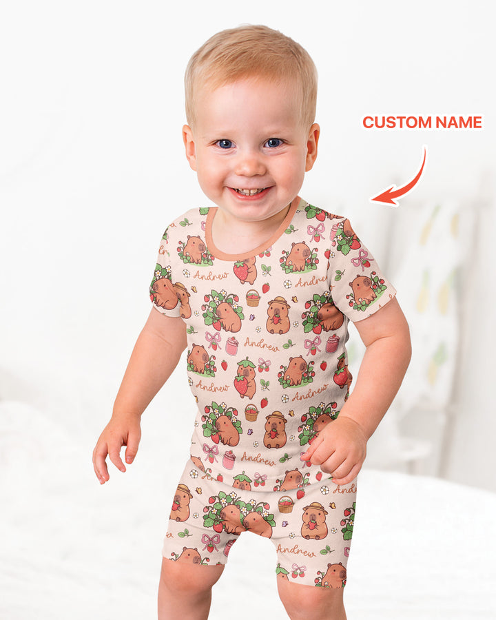 Custom Name Capybara Strawberry Bamboo Two Piece Short Sleeve Shorts Pajama Set