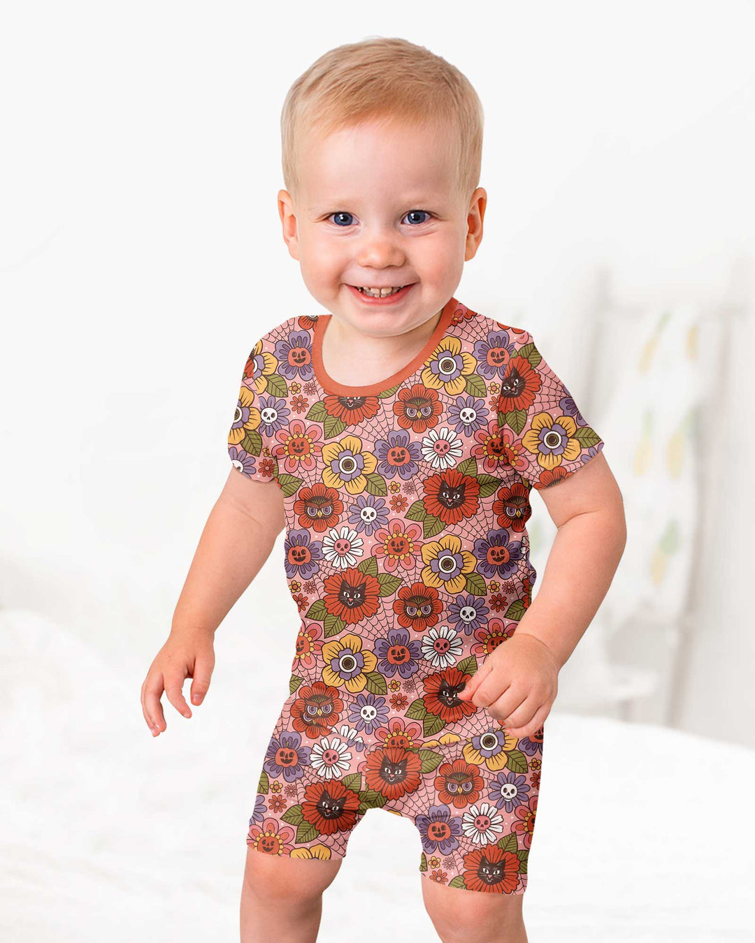 70s Halloween Floral Bamboo Two Piece Short Sleeve Shorts Pajama Set